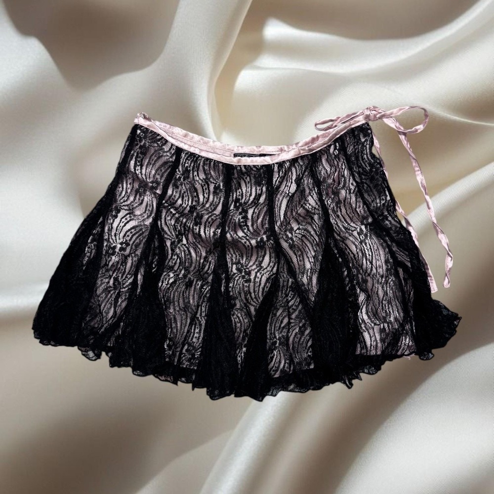 Y2K Heart Moon Star Lace Mini Skirt Black Pink Sheer Lace Micro Size Medium